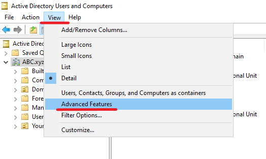 Advanced Features selecting - users location Active Directory