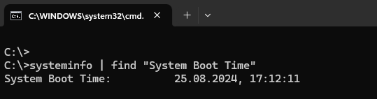 The output of the command systeminfo | find "System Boot Time"