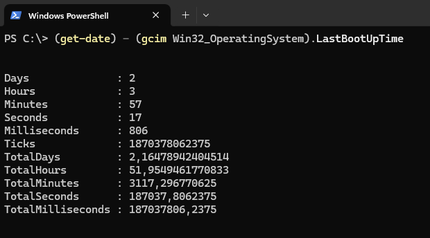 The output of the command (get-date) - (gcim Win32_OperatingSystem).LastBootUpTime