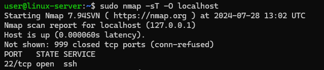 The output of the command sudo nmap -sT -O localhost - Opened ports in Linux