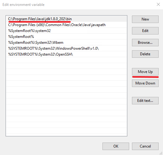 Move the created line to the top of the list - How to install JDK