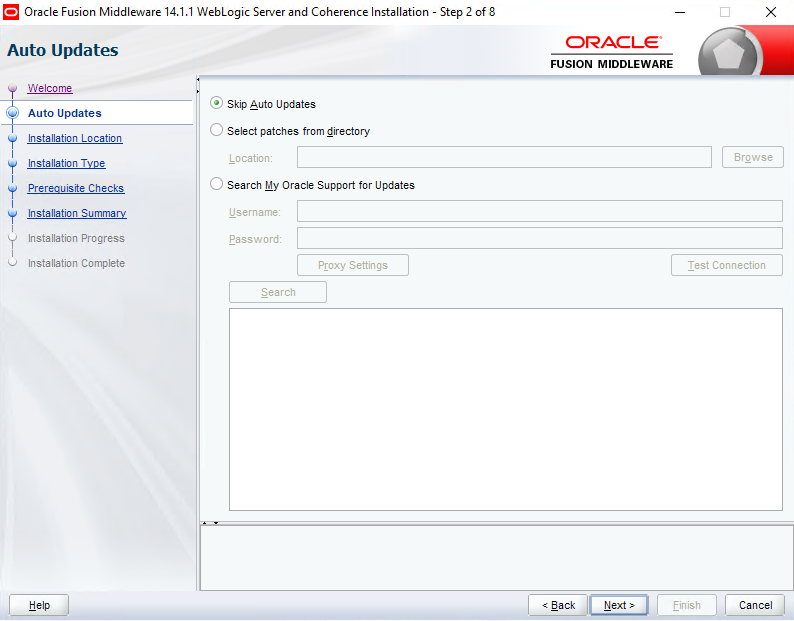 Auto Update screen - How to install Oracle WebLogic