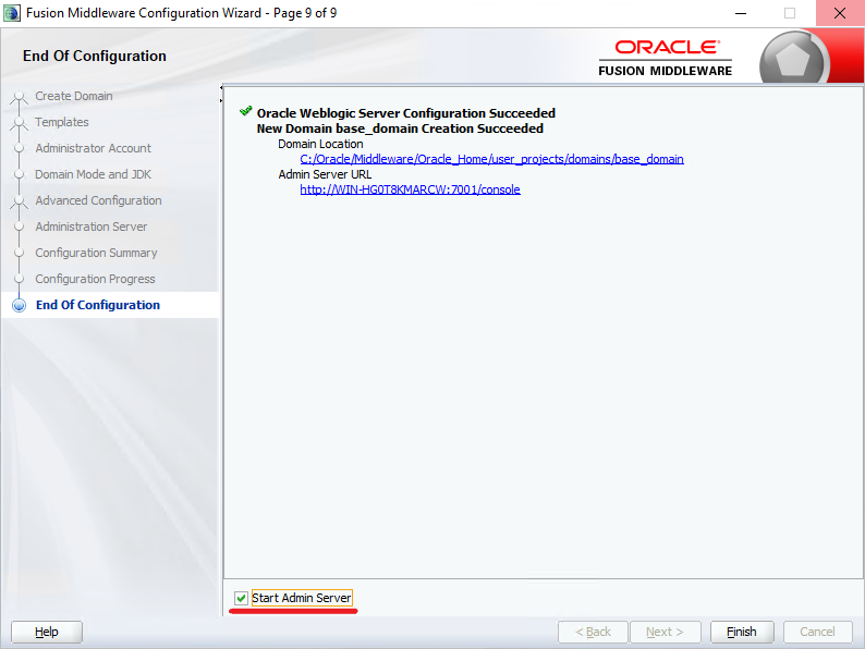 Select Start Admin Server and click Finish