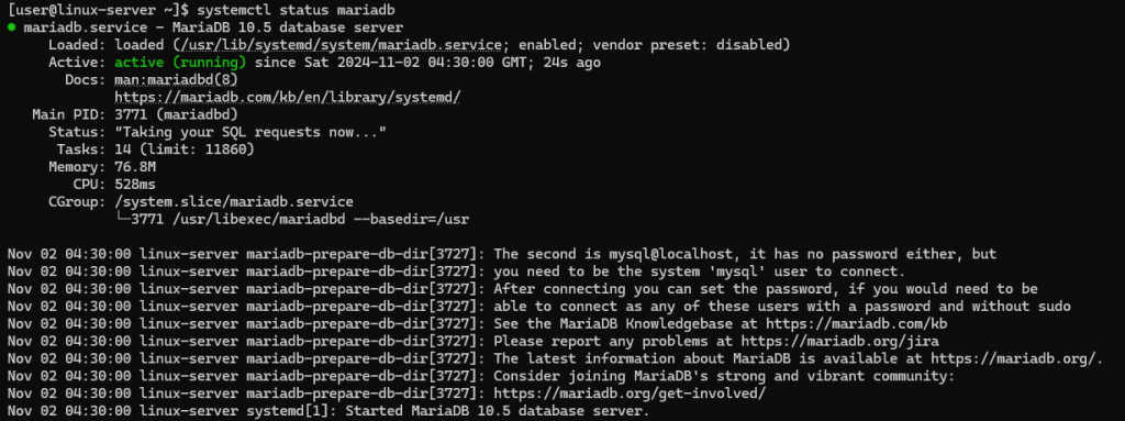 Checking the status of the MariaDB service